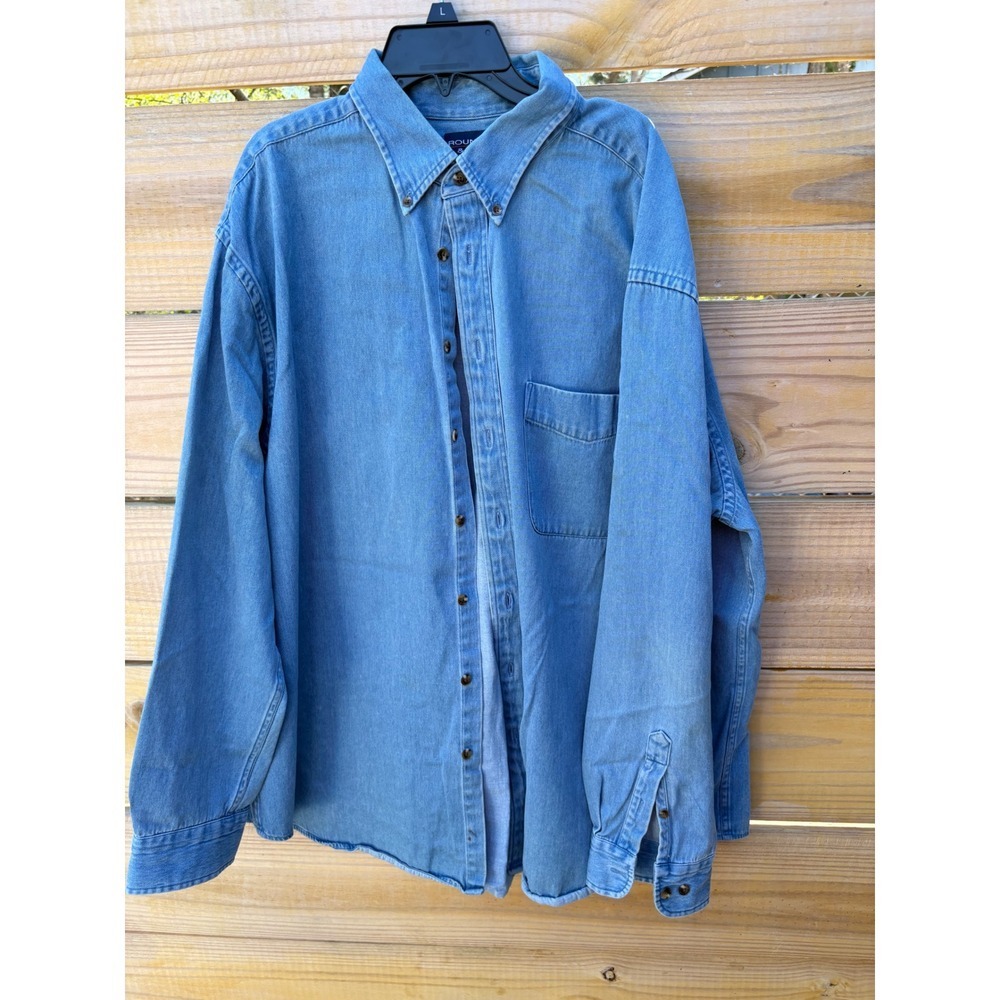 Roundtree & Yorke Mens XL Blue Denim Long Sleeve Button Down Shirt 100% Cotton